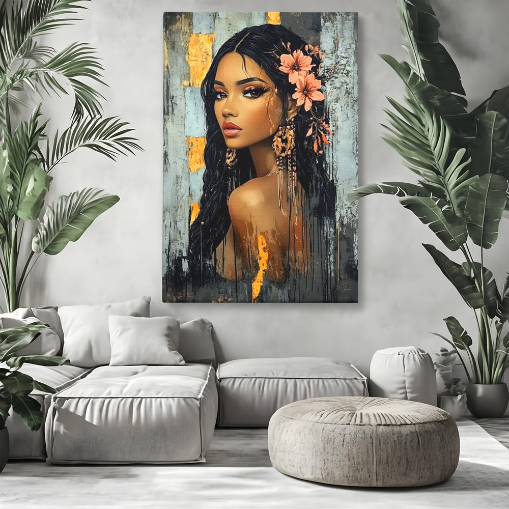 Tablou canvas cu tablou canvas cu femeie si flori in par, fara rama, pe sasiu de lemn, pe perete intr-un living